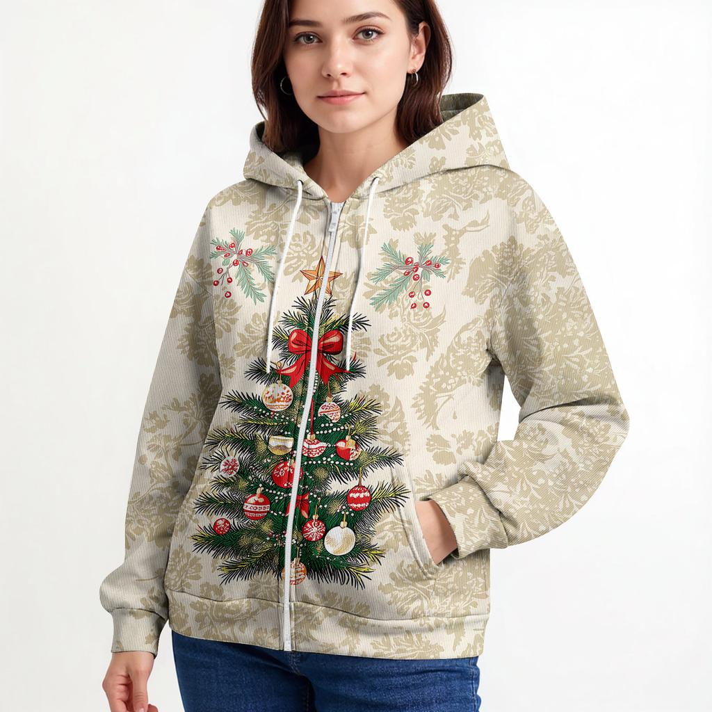 Женская повседневная модная вязаная толстовка с длинными рукавами и застежкой-молнией, с рождественским принтом