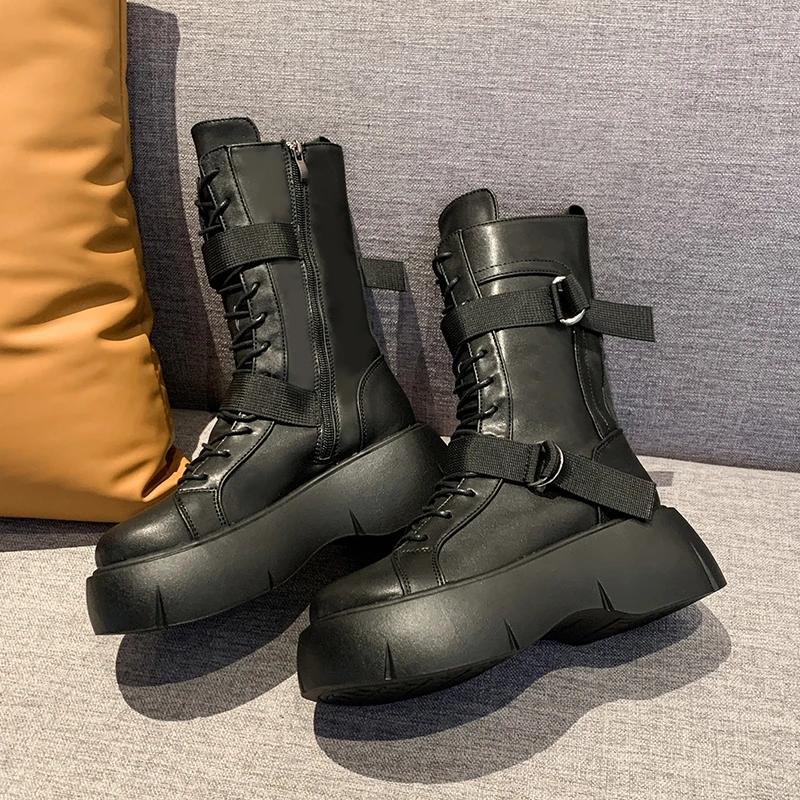 Женская обувь Брендовые женские сапоги до середины голени Модные современные сапоги с пряжкой на ремне Женские новые сапоги на платформе и каблуках с боковой молнией