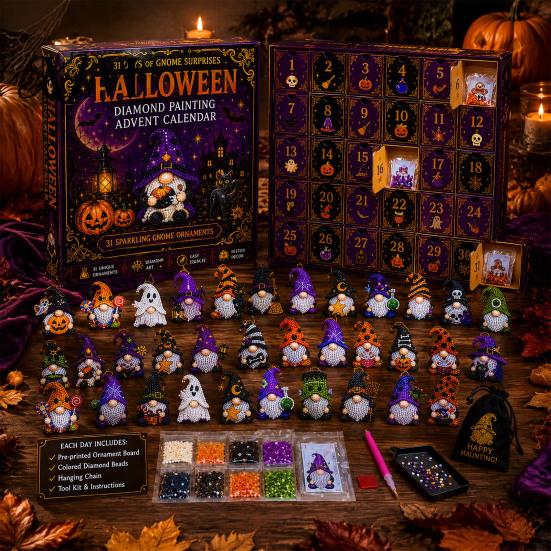 Complete Faux Diamond Art Set Halloween Gnome Advent Calendar, Christmas DIY Ghost Pumpkin Skeleton Crafts Craft Kit, Handmade Hanging Ornaments