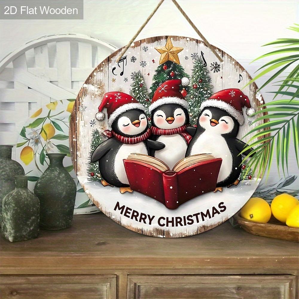 Christmas Decoration Sign,indoor Hanging decorations,2D Flat Wooden Products with The Pattern Is Three Penguins Wearing Christmas hats,Christmas Gift