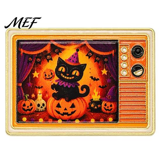 Vintage TV Brooch Retro for Halloween, Pumpkin Ghost Black Cat Crow Scary Badge, Holiday Lapel Pin Sweaters Jackets Scarves Decoration