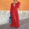 Women Evening Dress Deep V Neck Pleated Long Sleeves Solid Color High Waist Vacation Beach Party Maxi Dress