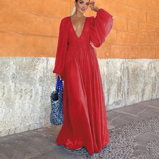 Женское вечернее платье с глубоким V-образным вырезом, плиссированное, с длинными рукавами, однотонное, с высокой талией, для отпуска, для пляжной вечеринки, платье макси, длинное платье для выпускного вечера