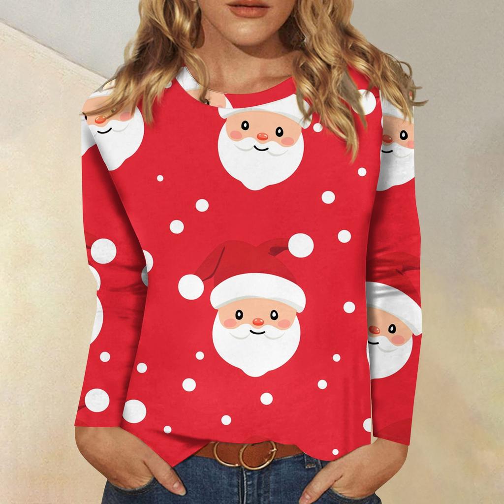 Женская модная повседневная футболка с круглым вырезом и рождественским принтом и длинными рукавами