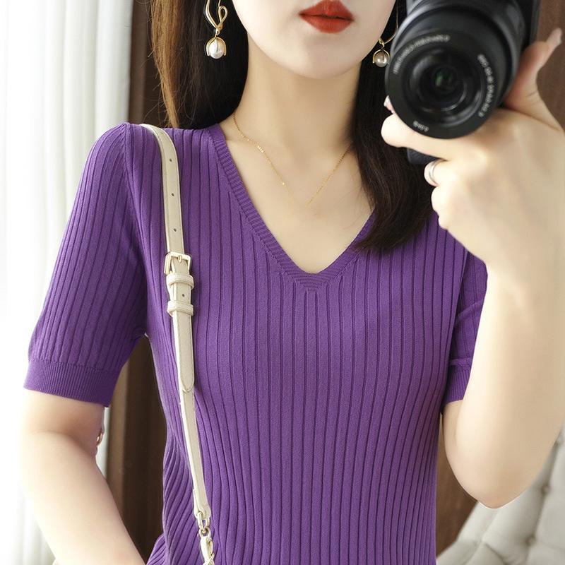 Весенне-летний женский трикотажный пуловер из изысканного кашемира с V-образным вырезом и короткими рукавами, однотонный