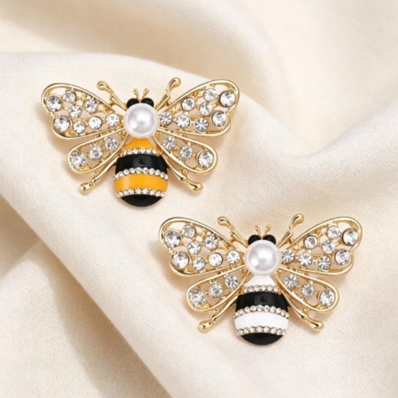 Sparkling Rhinestone Bee Brooch Faux Pearl Gold Plated Vintage Scarf Pin for Women Outdoor Picnic Wear Gift for Friend