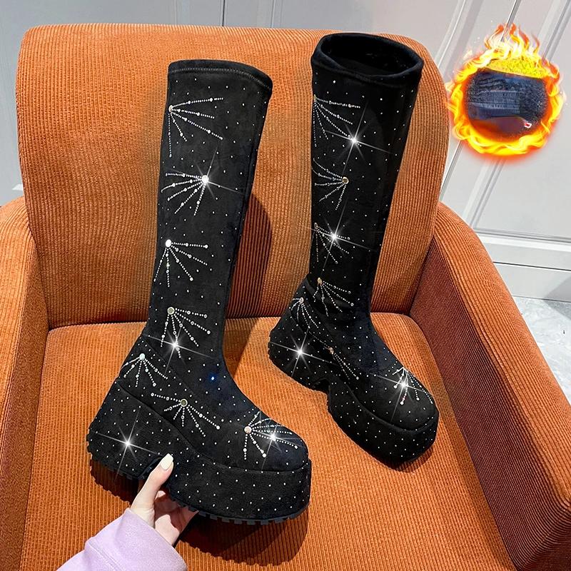 Блестящие женские сапоги со стразами, модные женские сапоги до колена 2024 года, черные длинные сапоги на толстой подошве, увеличивающие рост