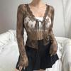 Women Mesh Lace Blouse Summer Long Sleeve Thin Perspective Top V Collar Lace Cardigans Shirt Crop Tops