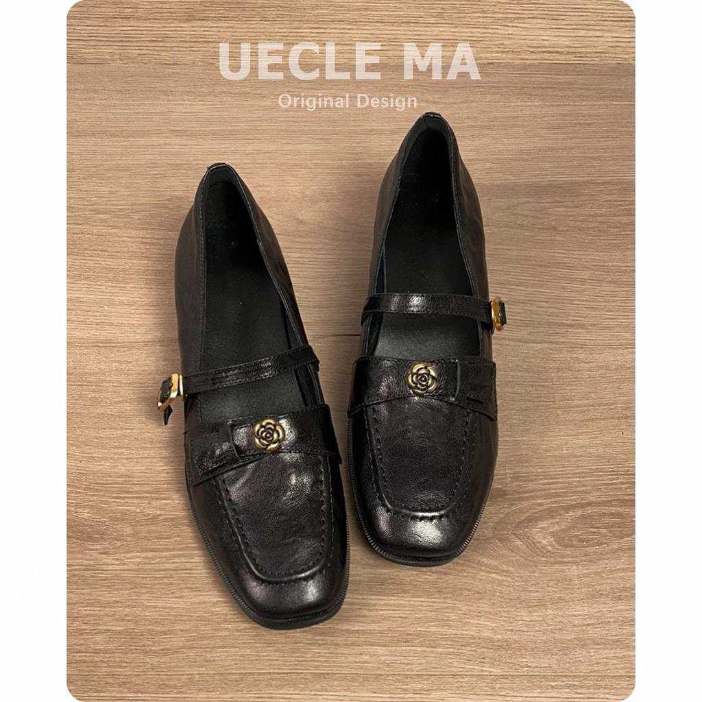 Cowhide Version~ Genuine Leather Retro French Single Shoes Women's Thick Heel with One-word Buckle Mary Jane Shoes Commuter Camellia Leather Shoes