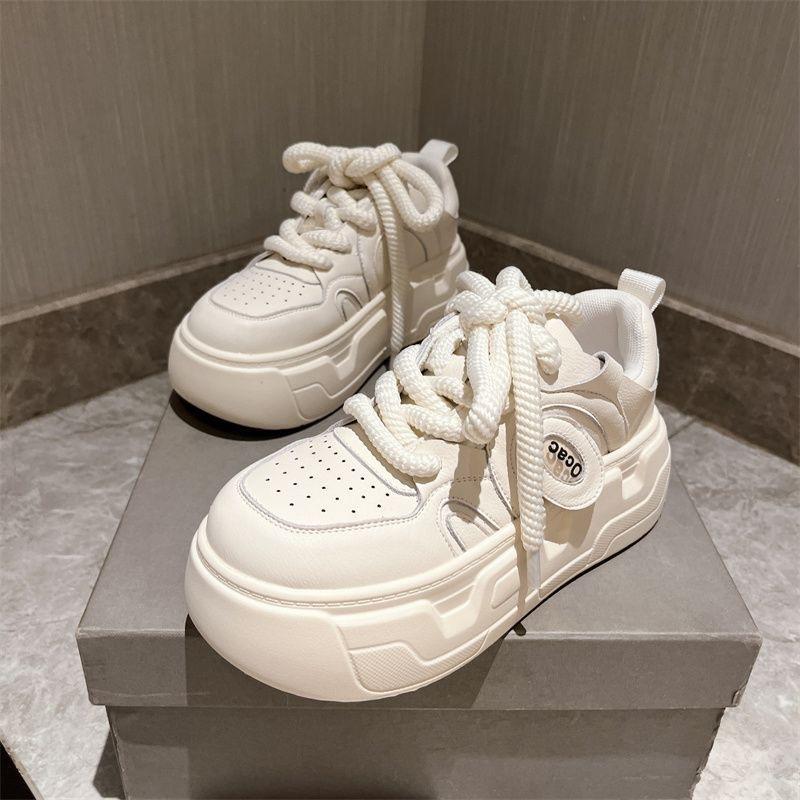 Korean Version of Super Fire Soft Leather Muffin Sole Fashionable Thick-soled Muffin Panda Shoes Little White Shoes Color Matching Ugly Cute Bread Sho