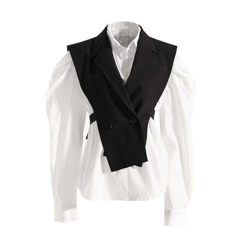 Весенний комплект из корейской тонкой белой рубашки с рукавами-фонариками и жилета на талии 2025 года