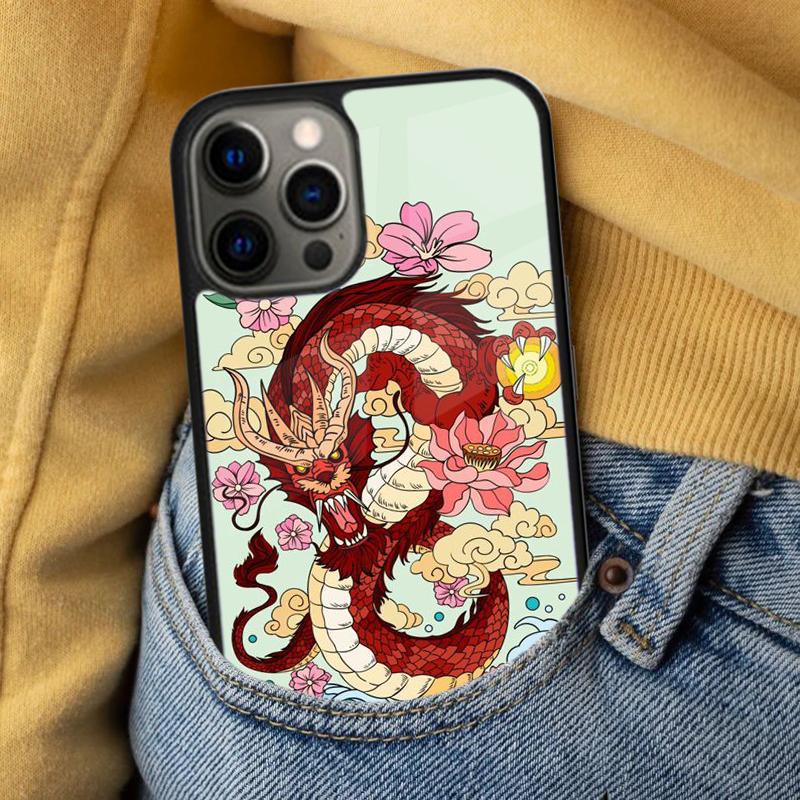Мягкий чехол для телефона в японском стиле с изображением дракона для iPhone 17 Air 16e Pro max 15 Pro 13 14 Plus 11 12 MagSafe Магнитный Coque