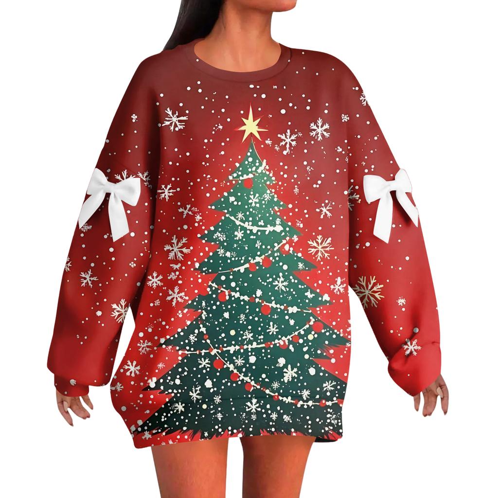 Женский рождественский пуловер с принтом и бантом, с круглым вырезом, длинными рукавами, свободного кроя