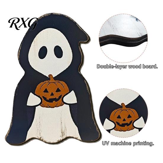 Distressed Wood Pumpkin Ornaments Halloween Wooden Tabletop Decorative Plaque, Rustic Art Sign, Cute Vintage Party Supplies Ghost Patterns Design,