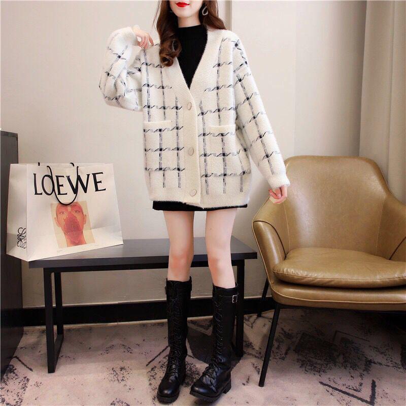 Women's Imitation Mink Cardigan Jacket Autumn and Winter Loose V-neck Button Bottoming Shirt Top for Women