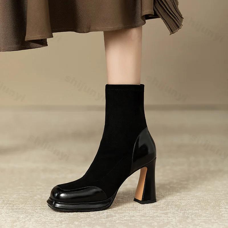 Fashion Winter Chunky High Heels Ankle Shoes for Women 2025 Retro Style Side Zipper Thick Platform Patchwork Ankle Boots Botas De Mujer