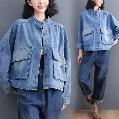 Большие размеры Весенняя куртка Пальто Женские джинсовые лоскутные пальто Повседневная летучая мышь Свободные хлопковые пуговицы Короткая синяя куртка большого размера