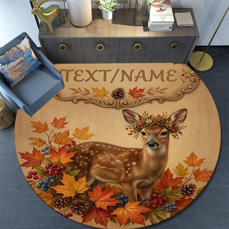 Custom Name,Autumn Woodland Animal Series pattern round rug,Carpet Rug for Living Room Bedroom Playroom ,Non-slip Floor Mat,Holiday Gifts and Birthday