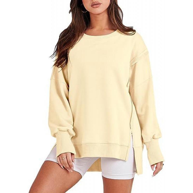 Women S Casual Loose Fit Round Neck Sweatshirt With Asymmetrical Hem And Side Slit