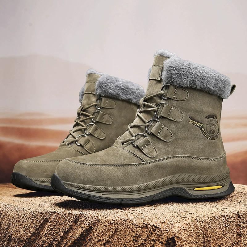 Real Leather Men's Snow Boots with Fleece for Winter Insulation and Warmth, Thick Soled Outdoor Men's Shoes, High Top Boots, Cotton Shoes