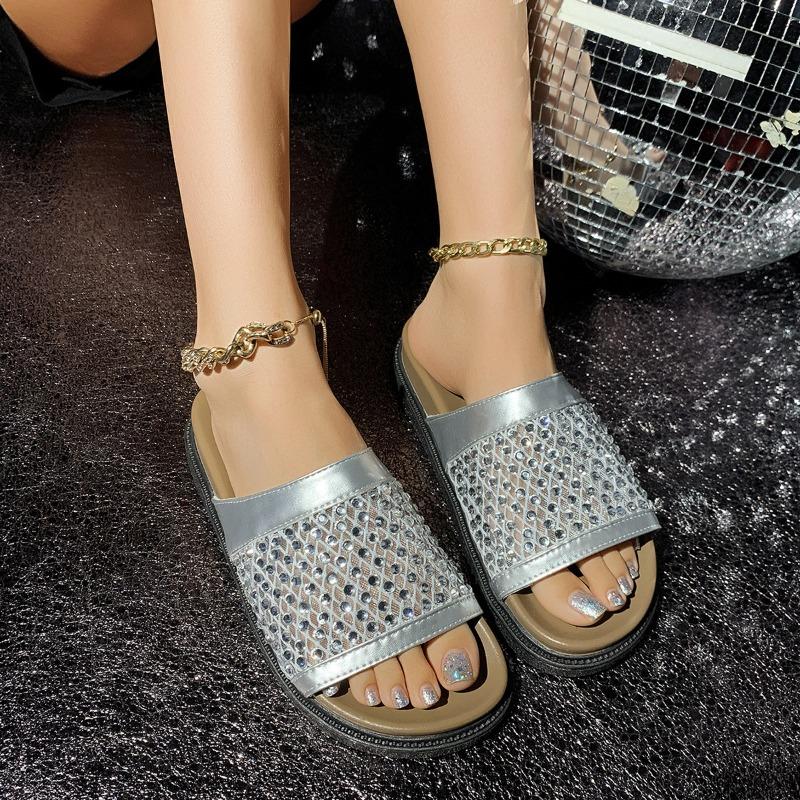 Женские сандалии-шлепанцы на платформе в стиле Birkenstock со стразами, ручной работы, на толстой подошве, для пляжа и повседневной носки