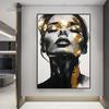 Modern Canvas Print Art Gold Black Woman Portrait Art Canvas Painting Abstract Woman Face Poster Wall Art Picture for Home Decor