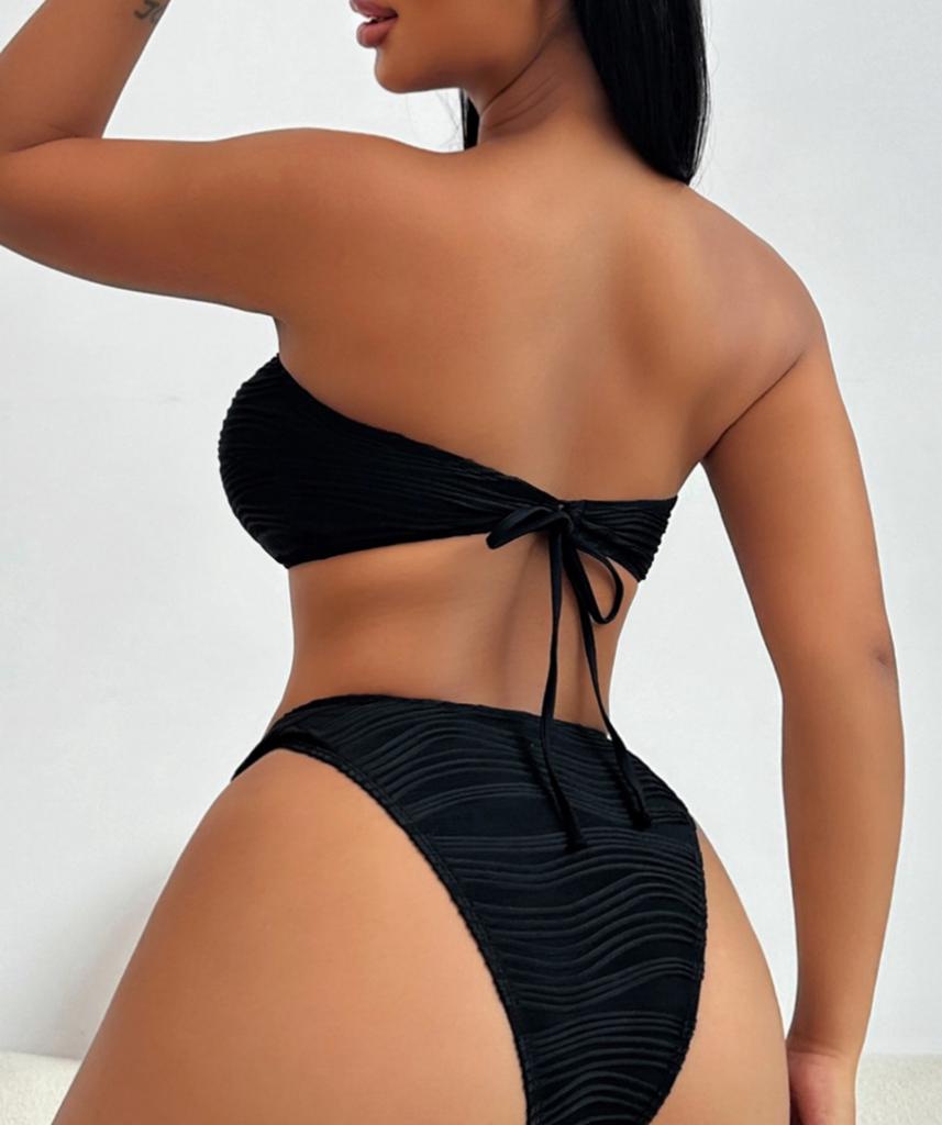 Женский купальник сексуальный черный без бретелек с завязками сзади и высокой талией, бикини, раздельный купальник, пляжная одежда, купальные костюмы