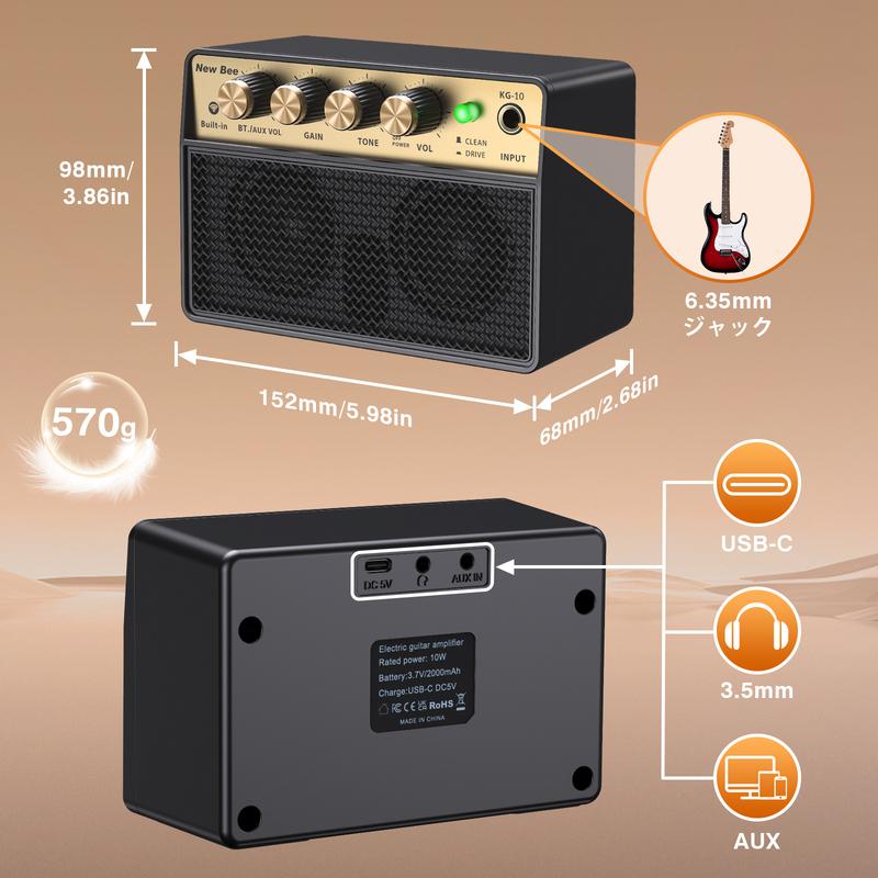 New Bee Mini Guitar Amp 10W Electric Guitar Amplifier Clean Drive Channel 3.5mm Headphone/AUX Jack 6H Rechargeable Bluetooth