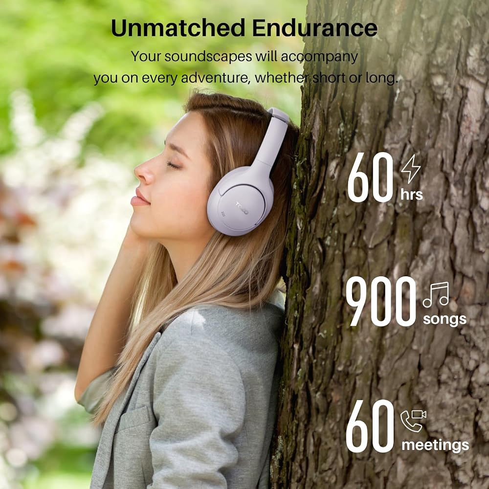 TOZO HT2 Wireless Noise Cancelling Headphones, Hi-Res Audio Compatible, Bluetooth (5.3), AUX Wired Connection (USB Not Supported), Active Noise Cancel