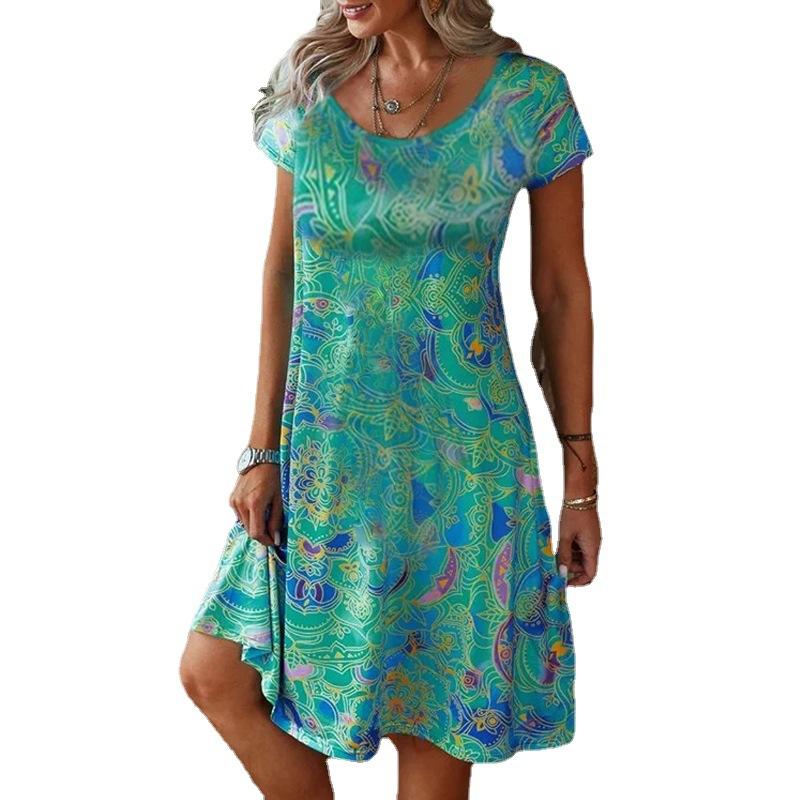 Summer Floral Printing Pocket Dress Summer Short Sleeve Slim Shirt Big Hem Short Skirt