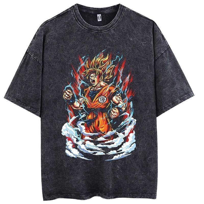 Dragon Ball Goku Super Saiyan Printed Tshirt Mens and Womens Washed Tshirt High Quality Vintage Cotton Tshirt Harajuku Tops