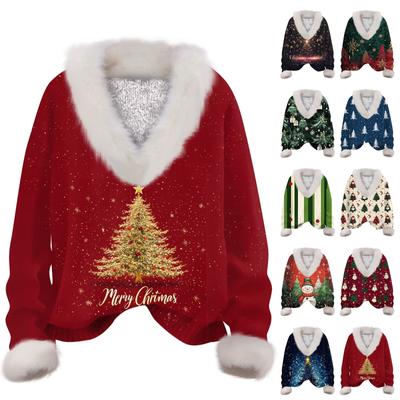 Женская толстовка с длинным рукавом, рождественским принтом, плюшевым воротником, V-образным вырезом, пуловер