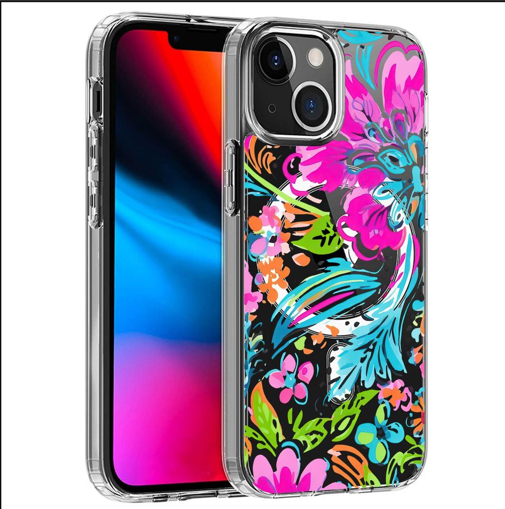 Красочный Цветочный Магнитный Прозрачный Чехол Полного Покрытия для iPhone 15/16/17 Pro Max