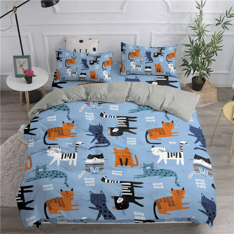 Cartoon Bedding Set Cute Cats Printed 3D Duvet Cover Set Twin Full Queen King Double Sizes Pillowcase Bedclothes Soft Polyester