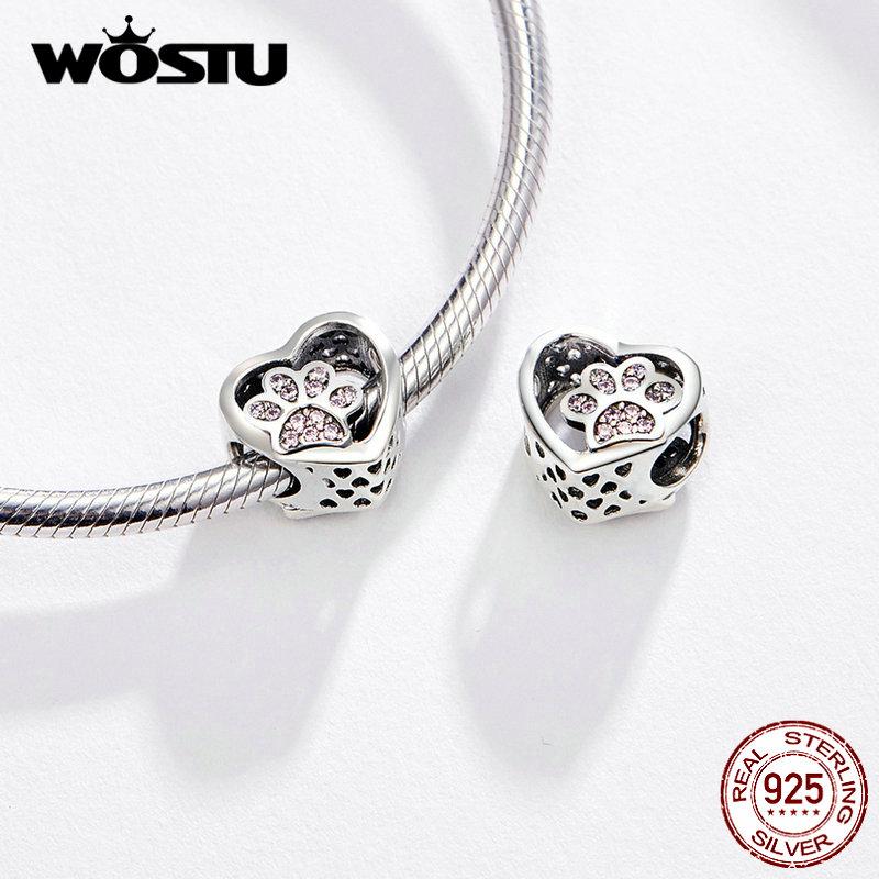 WOSTU 925 Sterling Silver Sweet Pink Cat Claw Charms Love Heart Pet Animal Beads Fit Original Bracelet Bangle DIY Jewelry Making