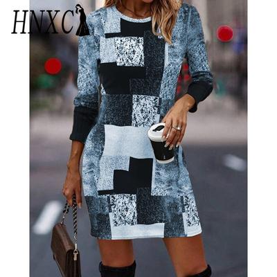 Женская мода осень зима повседневные платья с длинным рукавом и v-образным вырезом