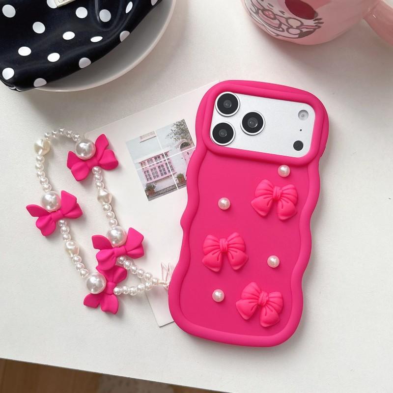 Pearl Bow Tie Case For iPhone 17 Pro Max 11 12 14 13 15 16 Plus Candy Silicone Short Chain Anti-Drop Cute Bracelet Strap Cover