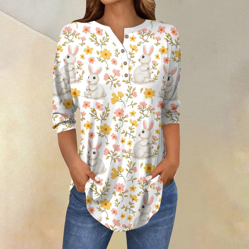 Women's 3/4 Sleeve Easter Egg Bunny Print Button Collar Fashion Casual Top