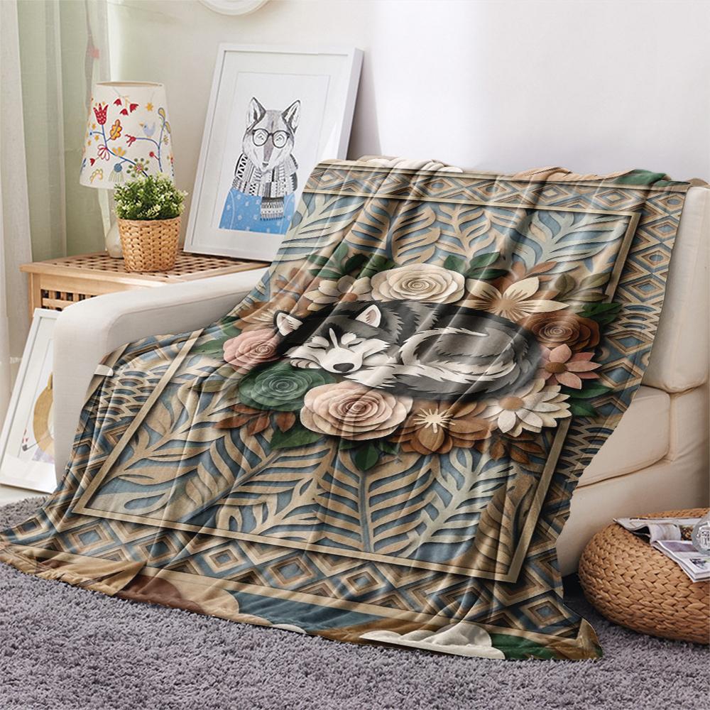 Husky Dog Print Flannel Blanket, High quality Comfortable for All Seasons, Home Decor, Warmth and Comfort, Perfect for Christmas Gifts60