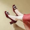 French Thick Heel Light Mouth Single Shoes Women's 2025 Spring and Autumn New Red Wedding Shoes Rhinestone Square Buckle Nude Square Head High Heels