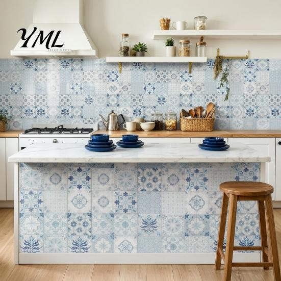 Easy Clean Wall Covering 24Pcs Peel And Stick Backsplash Tile, Retro Blue PVC Kitchen Backsplash, Decorative Tile Patterns Stickers, Waterproof