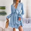Elegant Women Summer Dress Fashion High Waist Big Swing Solid Color Lace Up Wooden Edge