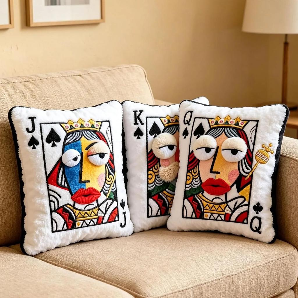 Queen of Spades Throw Pillow, 14x18 Inch Flannel Decorative Cushion with 3D Embroidery, Removable Washable Poker Accent Pillow for Couch Bed (Poker K)
