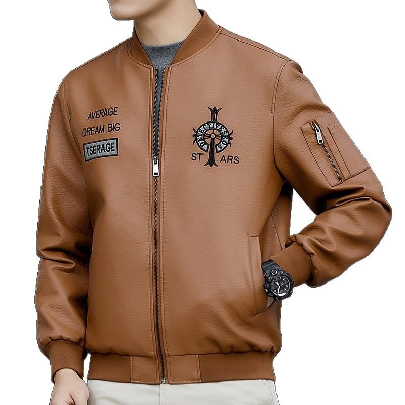 Fattened plus size men's leather jacket autumn and winter middle-aged and young business leisure versatile trench coat leather jacket