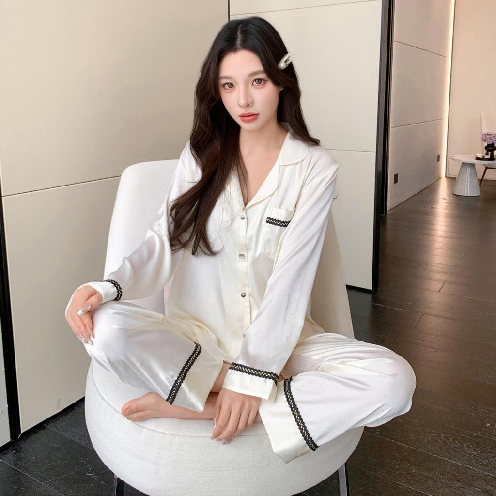 Ice silk pajamas women's black sequins light luxury long-sleeved high-end loose cardigan loungewear set