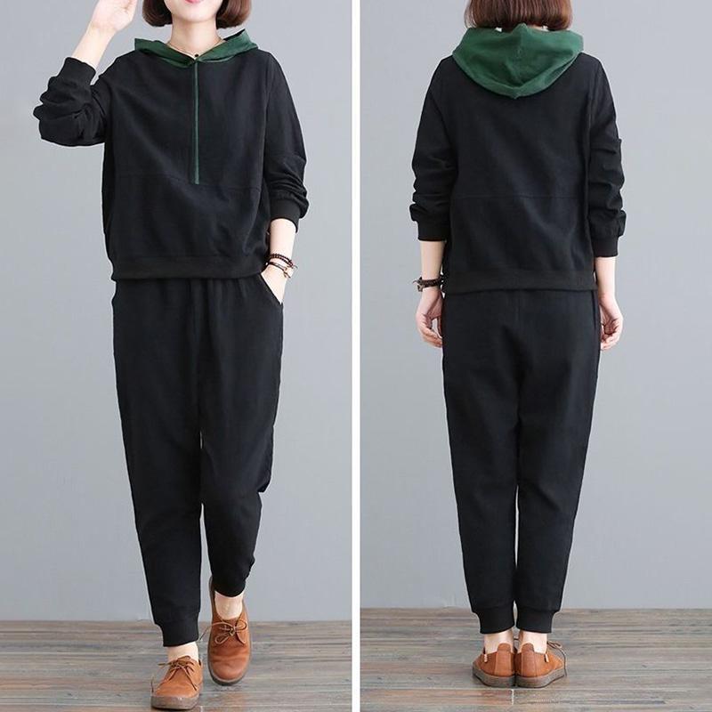 Женский костюм Женский свободный спортивный костюм для бега с капюшоном, толстовка, брюки, два предмета, повседневный костюм