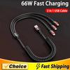 3 In 1 66W 6A Fast Charging USB Type C Cable Micro USB Cable for iPhone Charging Cable for Samsung Xiaomi Charger Cable