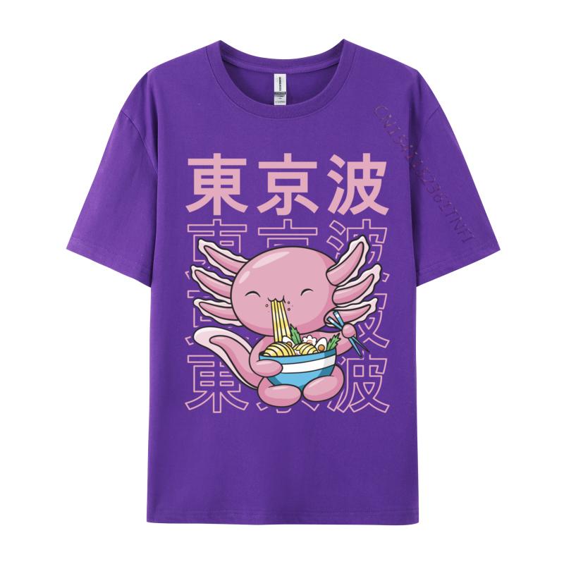 Kawaii Axolotl Eating Ramen Noodles Teens Custom Print T Shirt for Men Family Autumn All Cotton Top T-shirts Hip Hop T Shirt