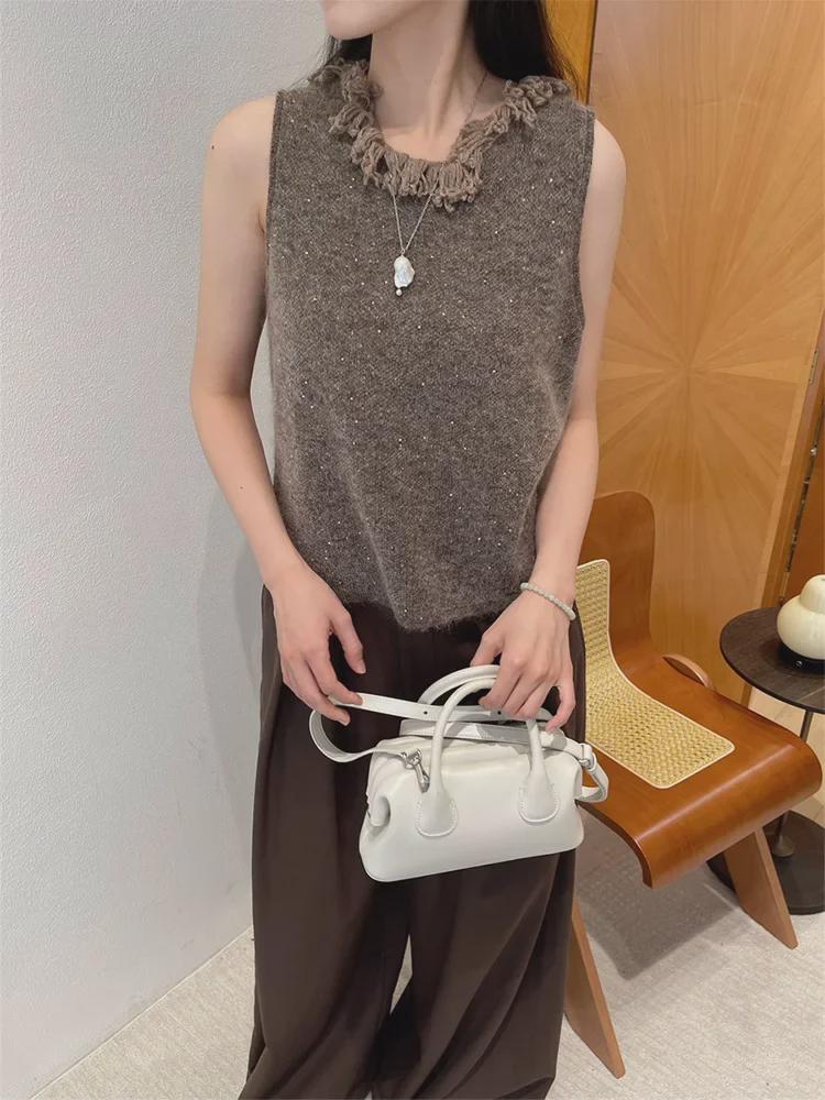 Осень и зима 2024 Вязаный жилет: 30% мохер, 25% шерсть с кисточками