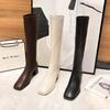 Leather Boots Women's Thick Heel Brown Square Head Tall Knight Boots But Knee Boots Elastic Long Tube 2025 Autumn and Winter Models